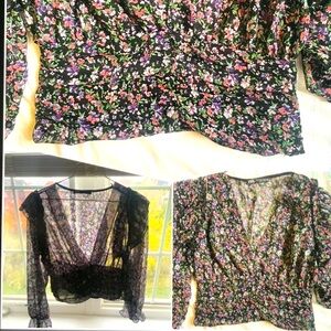 Zara Black Sheer Floral Ruffle Blouse V Neck Side Zip Long Sleeve Small